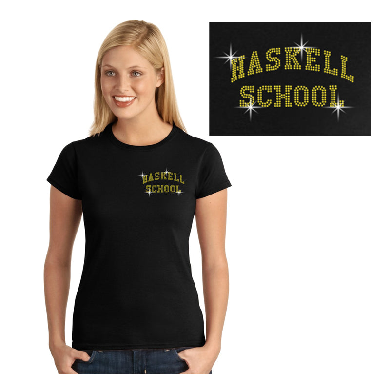 haskell school black short sleeve tee w/ haskell school "text" in spangle on front. style #1