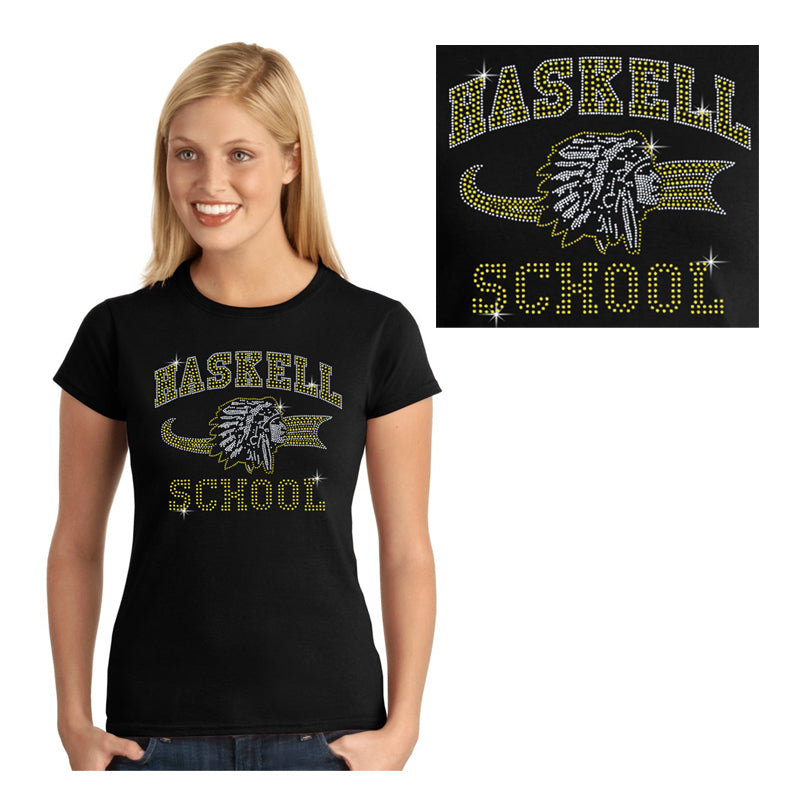 haskell school black short sleeve tee w/ haskell school "old style" logo in spangle on front. style #2