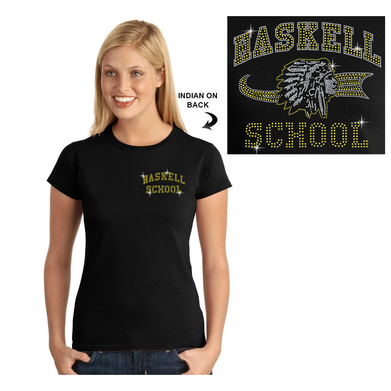 haskell school black short sleeve tee w/ haskell school "text" in spangle on front & "indian" logo on back. style #3