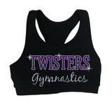 twisters gymnastics black sports bra w/ 2 color spangle logo on front.