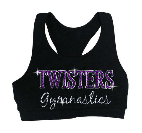 Twisters Gymnastics Black Pro-Compression Shorts - 2629 w/ Purple & White Print Logo on Front Left Leg.