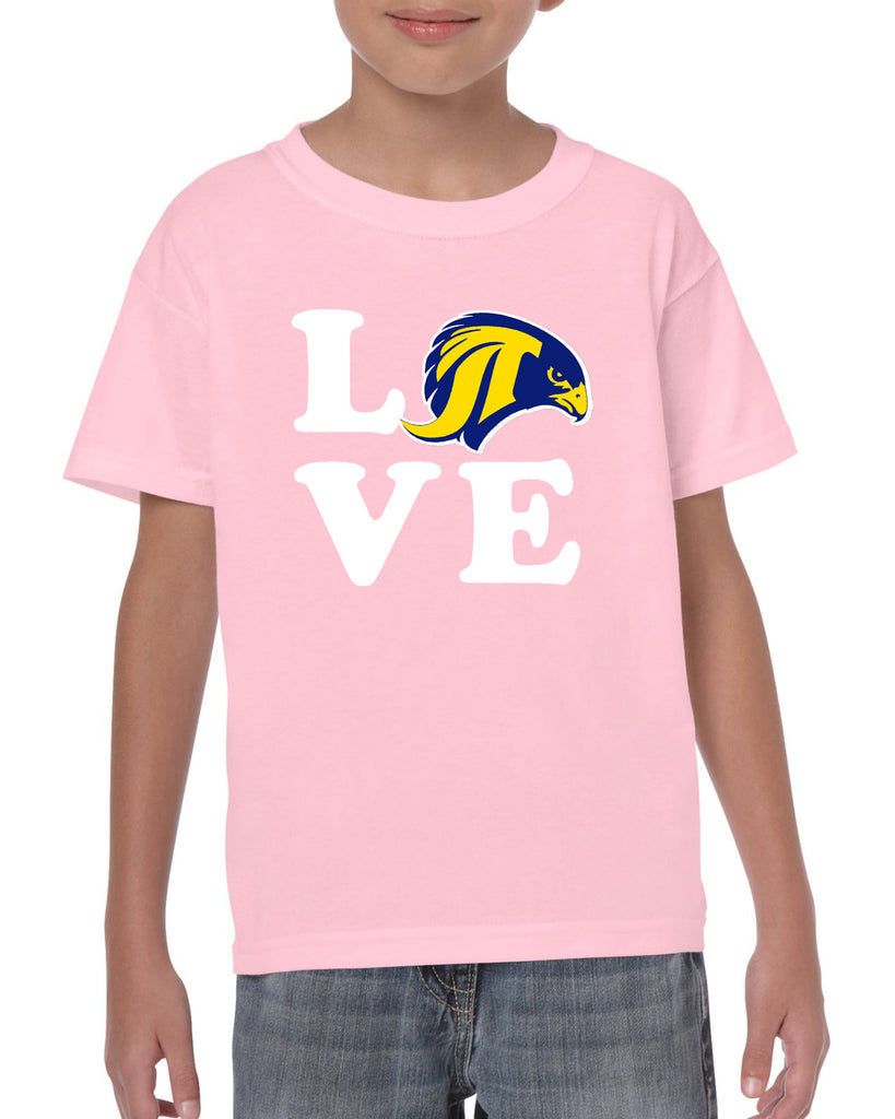 jcpta heavy cotton pink short sleeve tee w/ large "love" logo on front.
