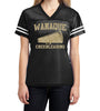 wanaque cheer  black sport-tek® ladies posicharge® replica jersey w/ gold glitter megaphone design on front.