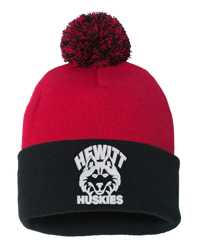 hewitt huskies sportsman - black & red 12" pom-pom cuffed beanie - w/ logo embroidered on front.