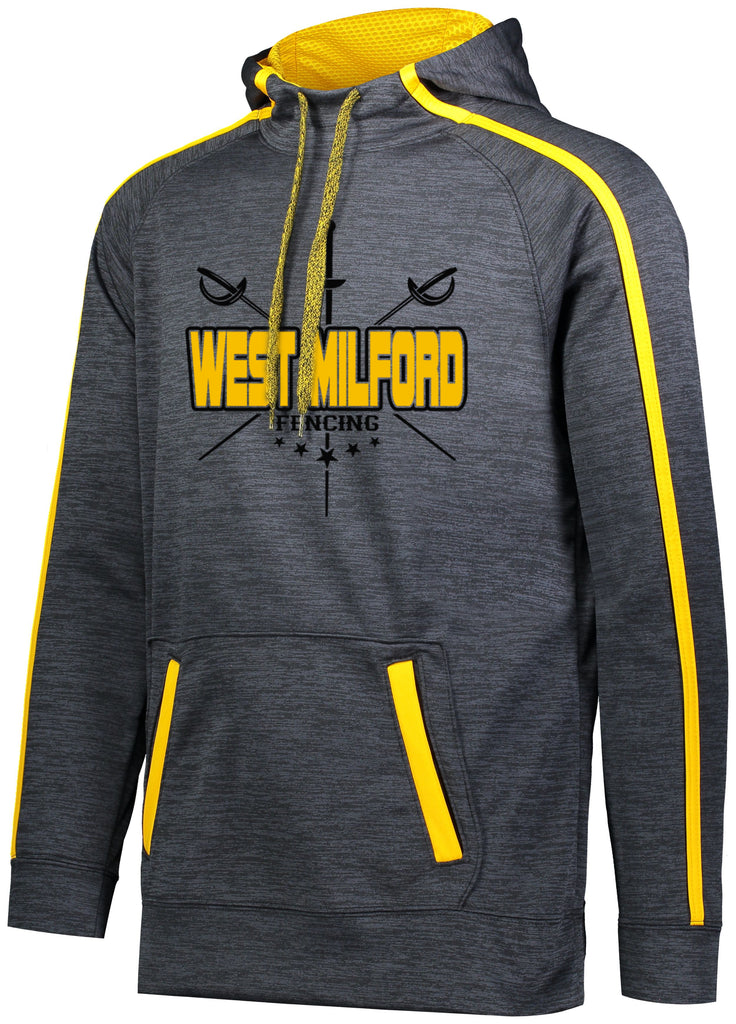 west milford fencing stoked tonal hoodie w/ large crossed swords logo on front.