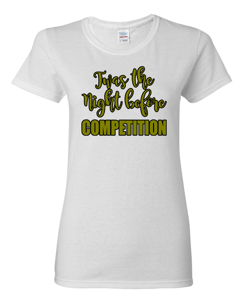 wmcc white short sleeve tee w/ twas the night before competition 2 color design on front.