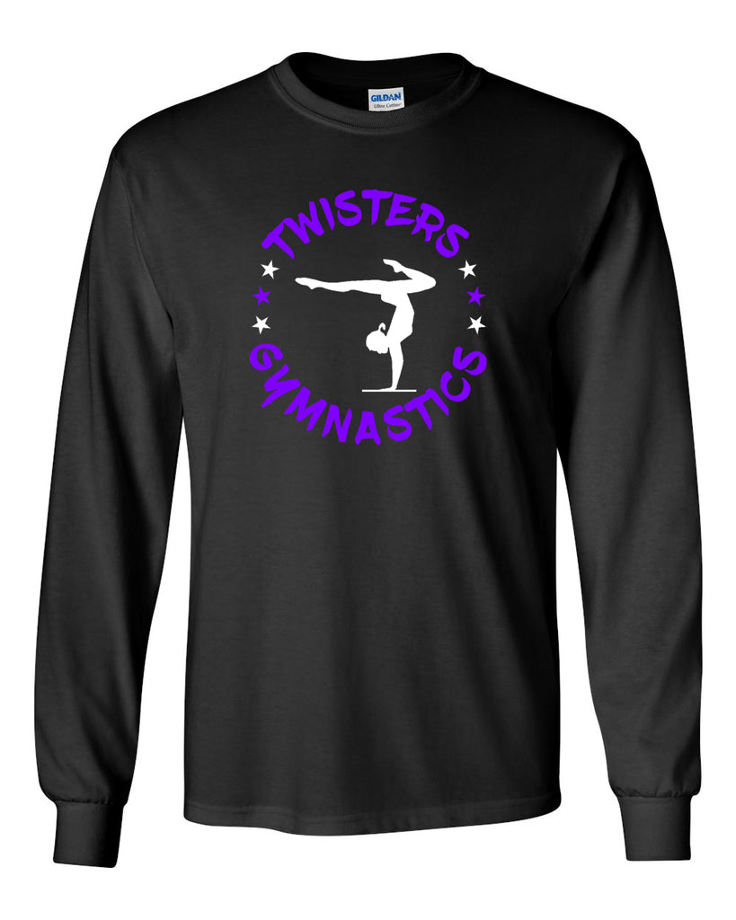 twisters gymnastics black 100% cotton long sleeve tee w/ twisters circle 2 color design