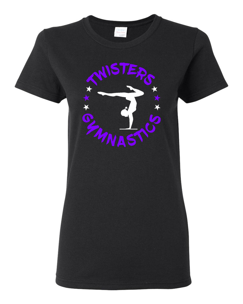 twisters gymnastics black 100% cotton tee w/ twisters circle 2 color design