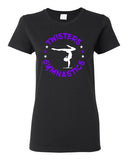 twisters gymnastics black 100% cotton tee w/ twisters circle 2 color design