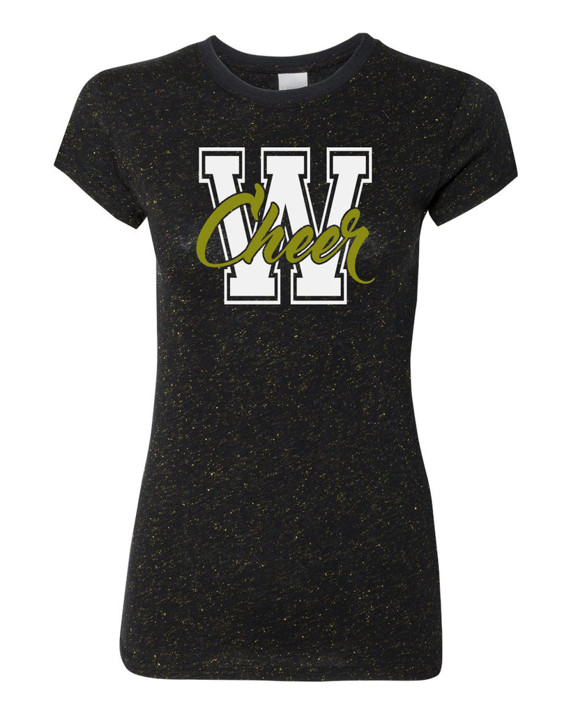 wanaque cheer  glitter crew t-shirt w/ w-cheer design on front.