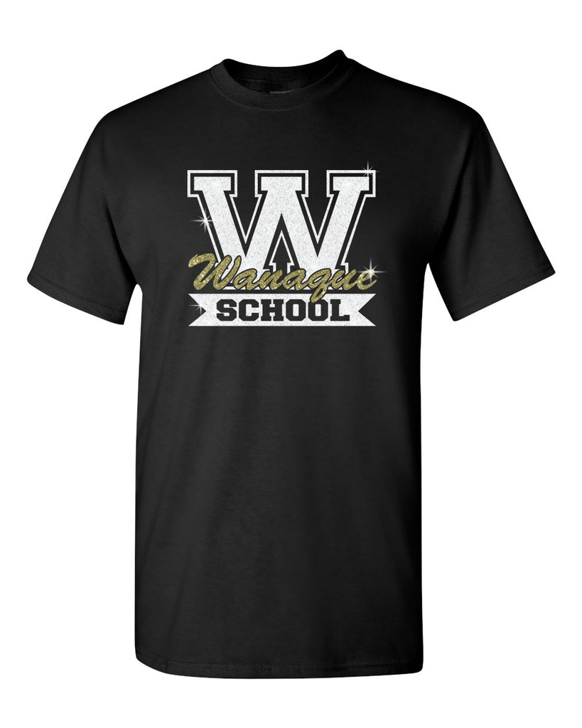wanaque  black short sleeve tee w/ wanaque school "w" logo in glitter on front.