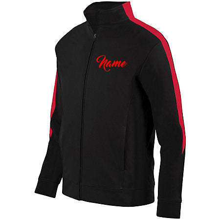 cardinal athletics black & red medalist jacket 2.0 w/ cardinals comp cheer design in glitter on back.