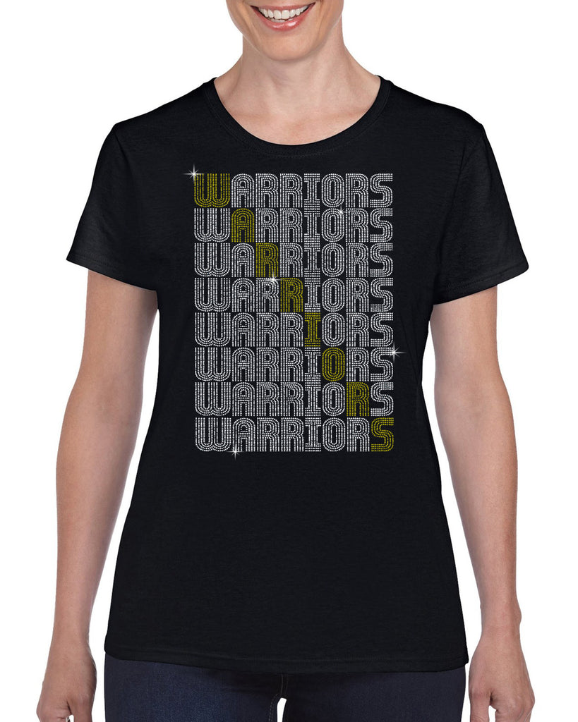 wanaque cheer "warriors" crossword silver/gold spangle bling design shirt