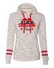 jr lancers cheer women’s mélange fleece striped-sleeve hooded sweatshirt - 8674 w/ cheerleading mom color design on front.