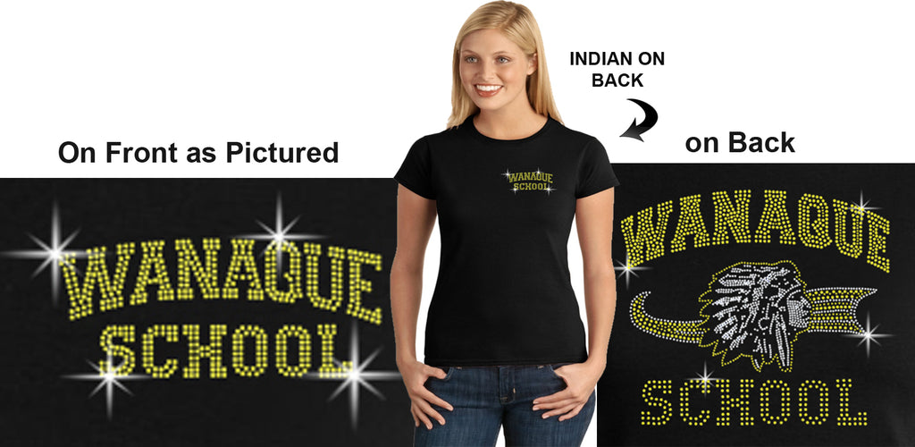 wanaque  black short sleeve tee w/ wanaque school "text" in spangle on front & "indian" logo on back. style #3