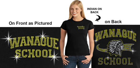 WANAQUE  Black Short Sleeve Tee w/ WANAQUE School "Text" in Spangle on Front. STYLE #1