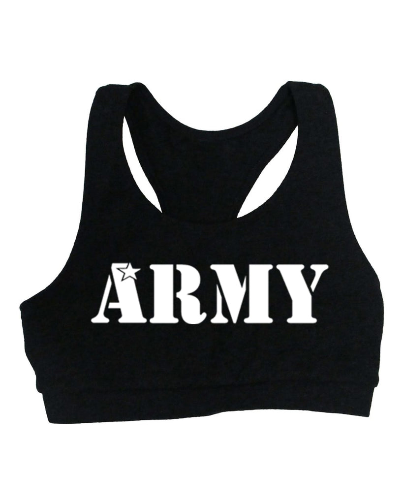 cheer army black sports bra w/ white army logo on front.