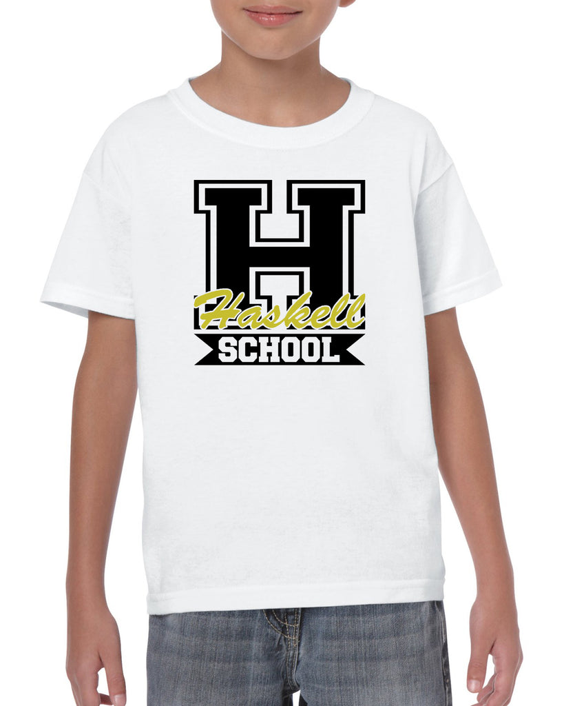haskell school heavy cotton white short sleeve tee w/ large haskell school "h" logo on front.